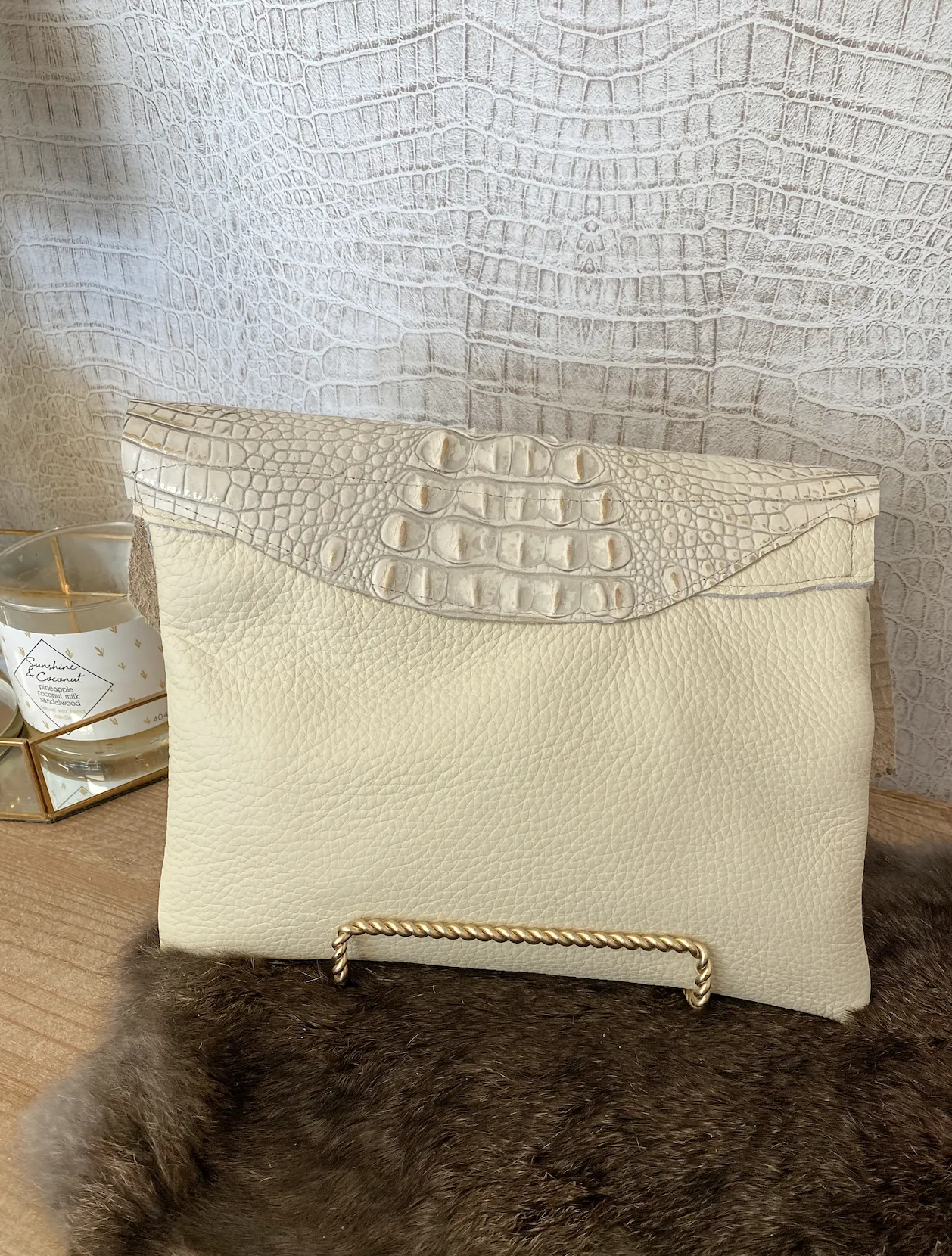 Solid Cream with White/Gold Croc Double Flap Clutch/Crossbody