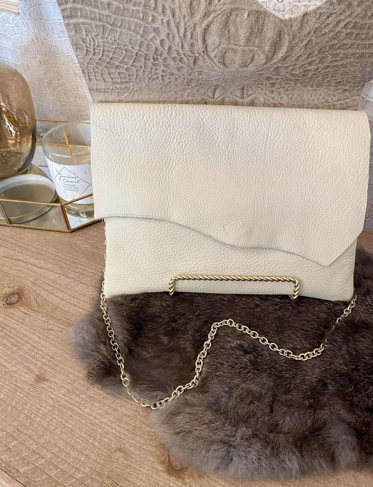 Solid Cream with White/Gold Croc Double Flap Clutch/Crossbody