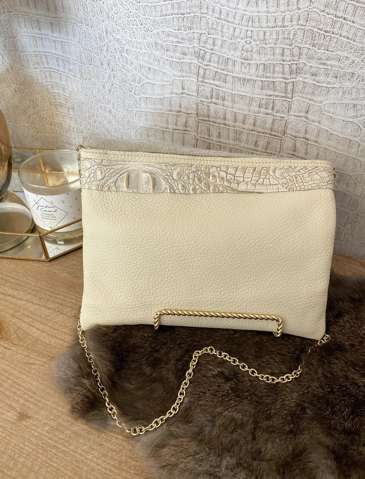 Solid Cream with White/Gold Croc Double Flap Clutch/Crossbody