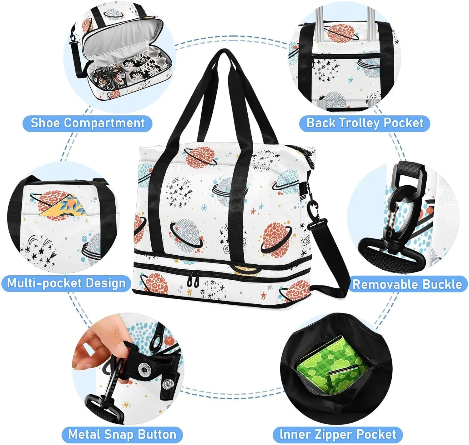Space Doodle Saturn Planet Large Tote Bags for Women Travel Expandable Baseball Duffle Bag, Small Carry on Bag