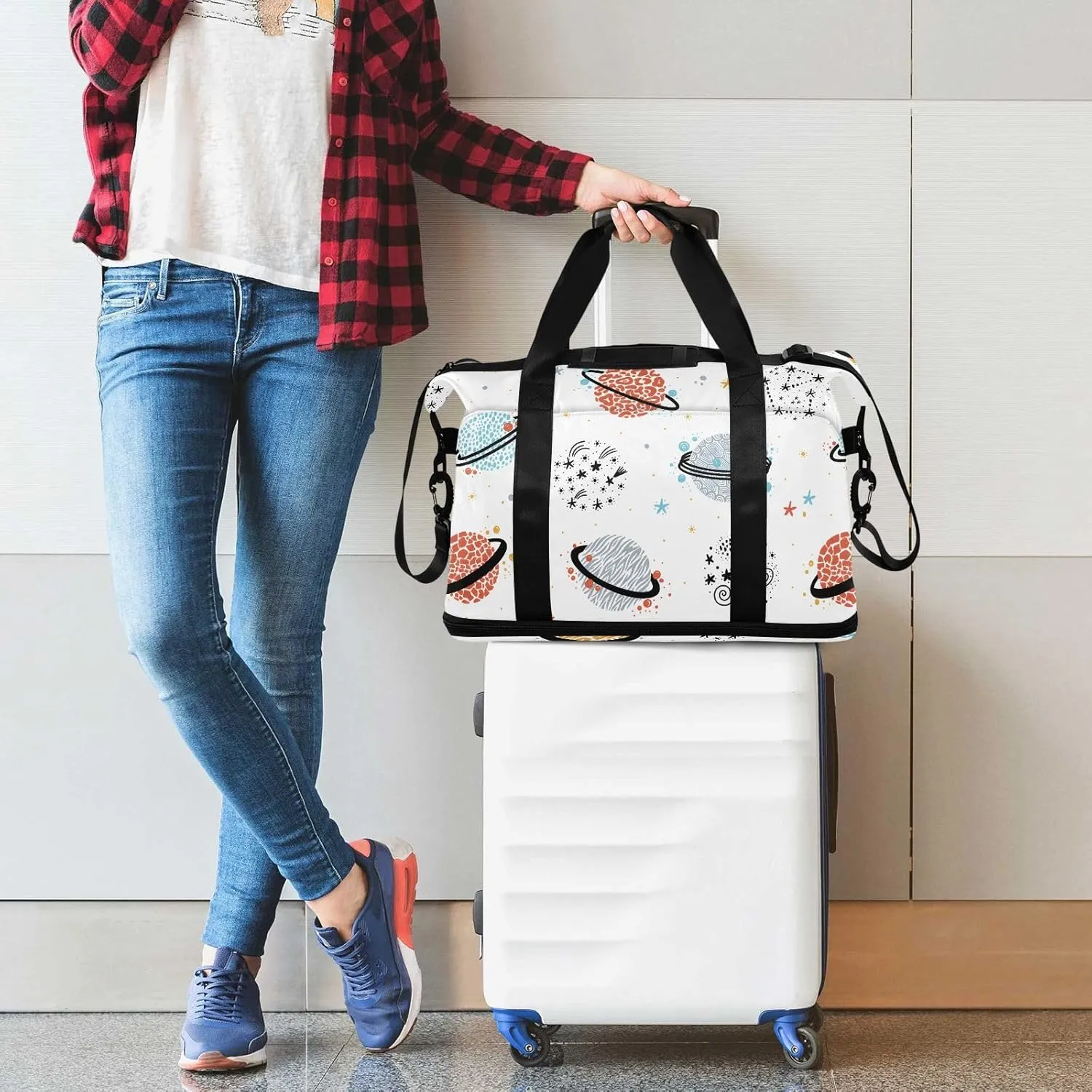 Space Doodle Saturn Planet Large Tote Bags for Women Travel Expandable Baseball Duffle Bag, Small Carry on Bag