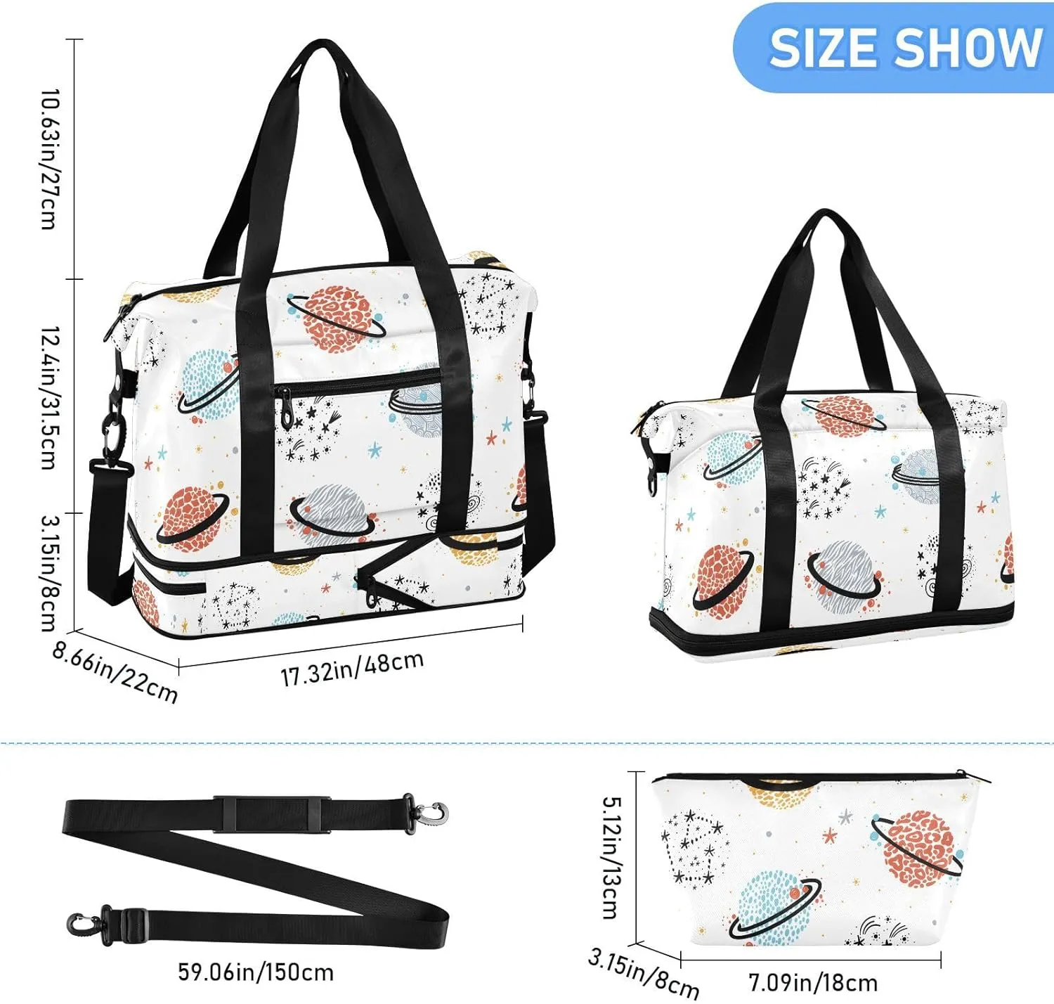Space Doodle Saturn Planet Large Tote Bags for Women Travel Expandable Baseball Duffle Bag, Small Carry on Bag
