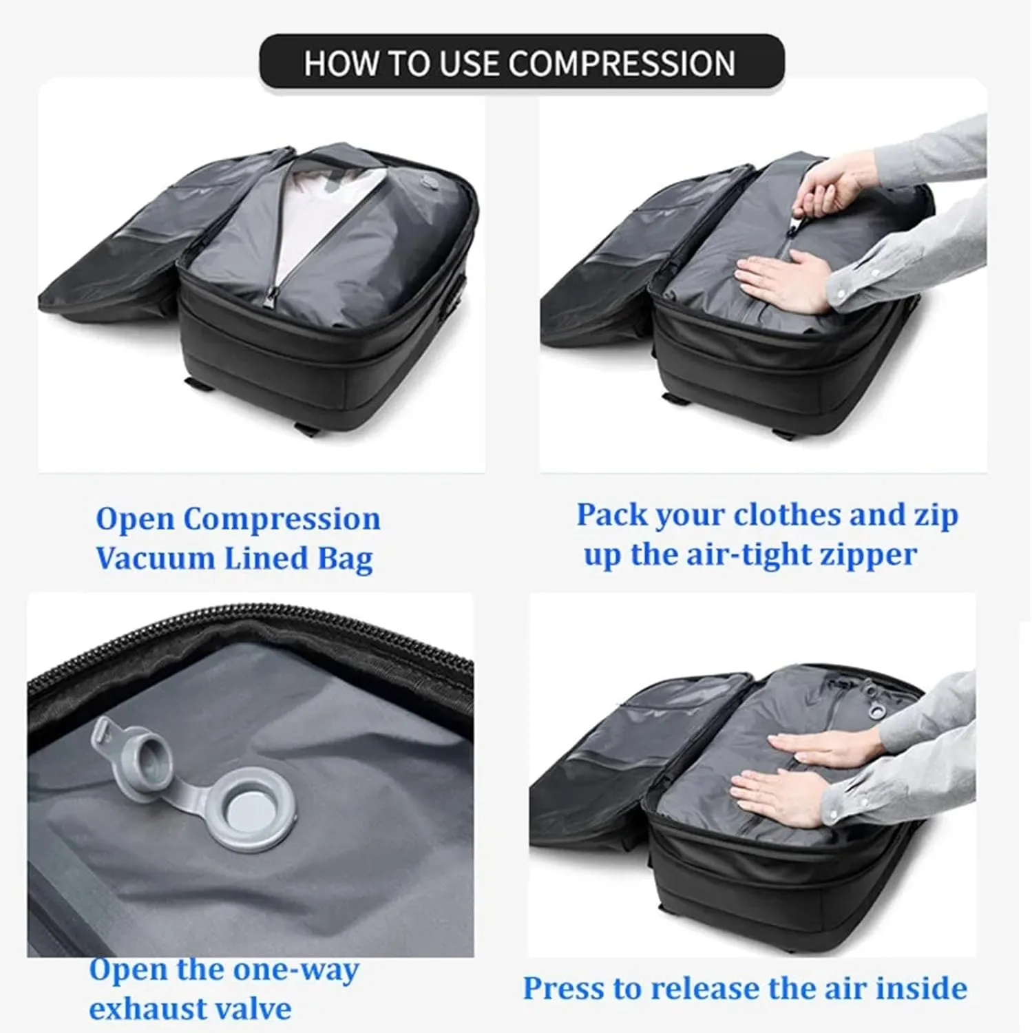 Space Vac Pro Backpack, Vacuum Backpack Travel with Pump, 60l Large-Capacity Travel Expandable with Compression (Blue)