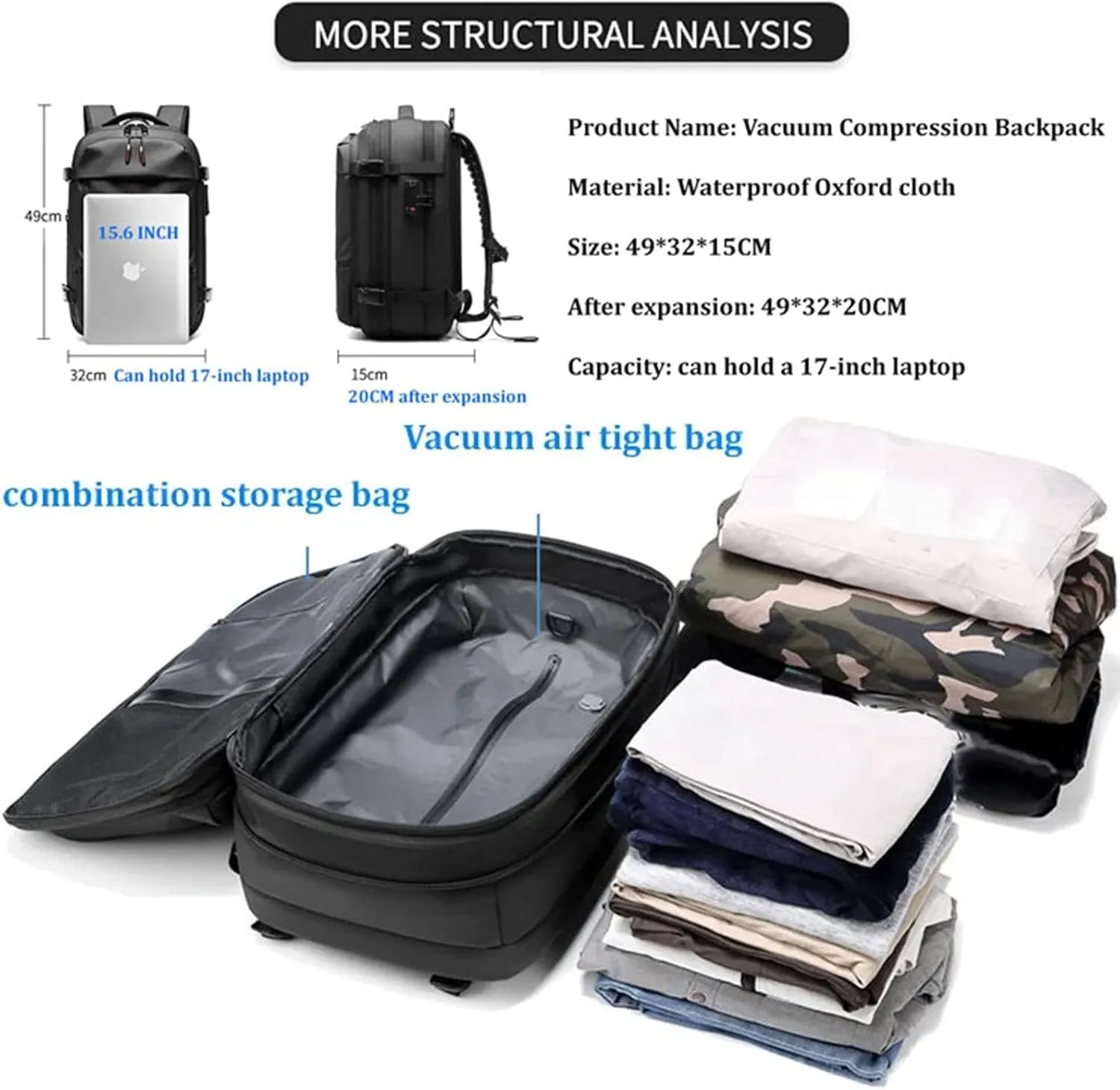 Space Vac Pro Backpack, Vacuum Backpack Travel with Pump, 60l Large-Capacity Travel Expandable with Compression (Blue)