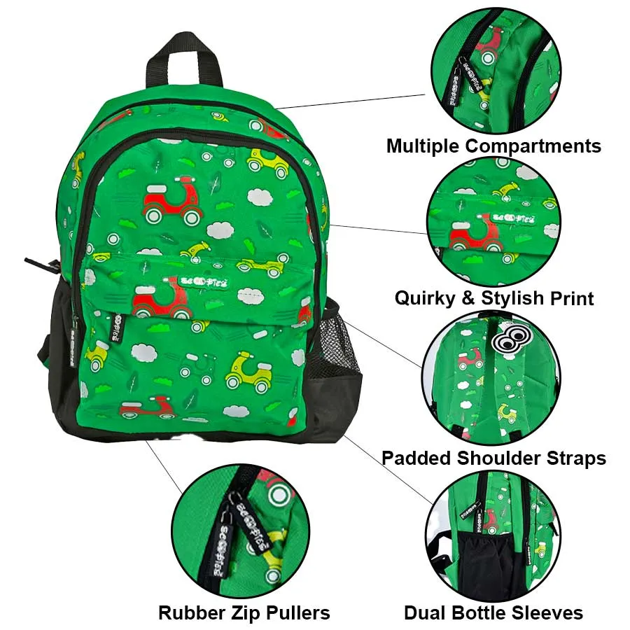 Speedy Scooter Bag | Frisky-Green Colour  |  Scooter Print  |  Dual Water Sleeves |  3 Compartments |  Separate A4 Size Pocket