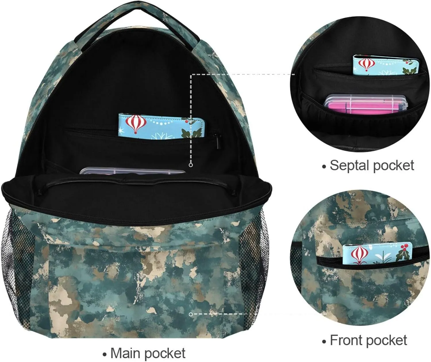 Sport Backpack for Teenager Waterproof Carry On Backpacks with Chest Strap for Business Work College Travel Trip Army Camouflage Teal Camouflage