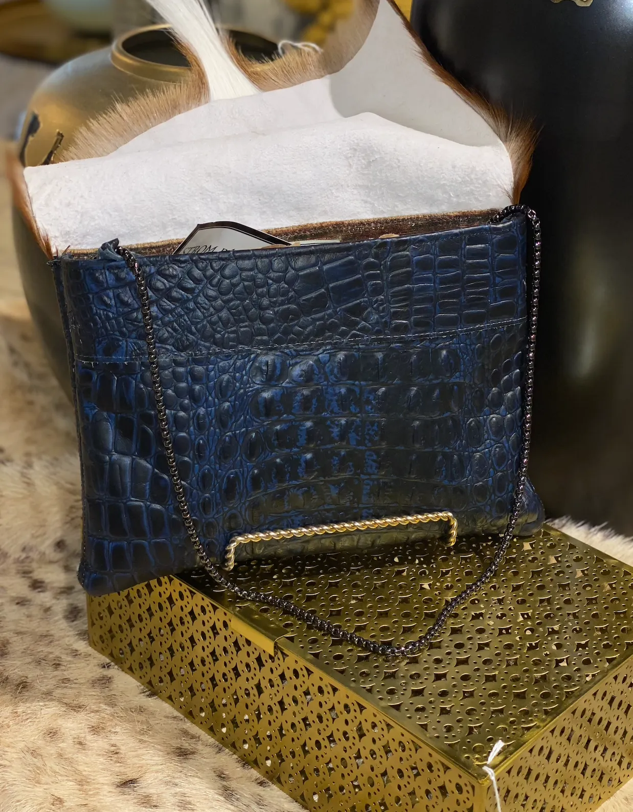 Springbok Deer With Navy Blue and Black Gator Body Clutch