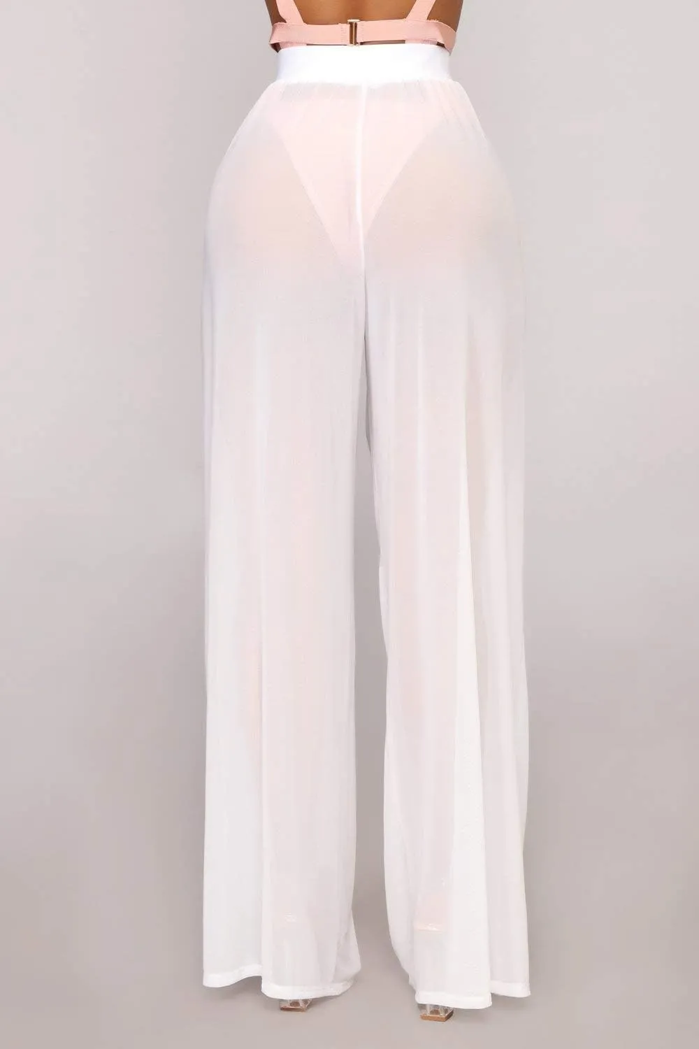 Springcmy Women Ruffle Sheer Mesh Pants See Through Bikini Bottom Swimsuit Cover up Wide Leg Beach Pants