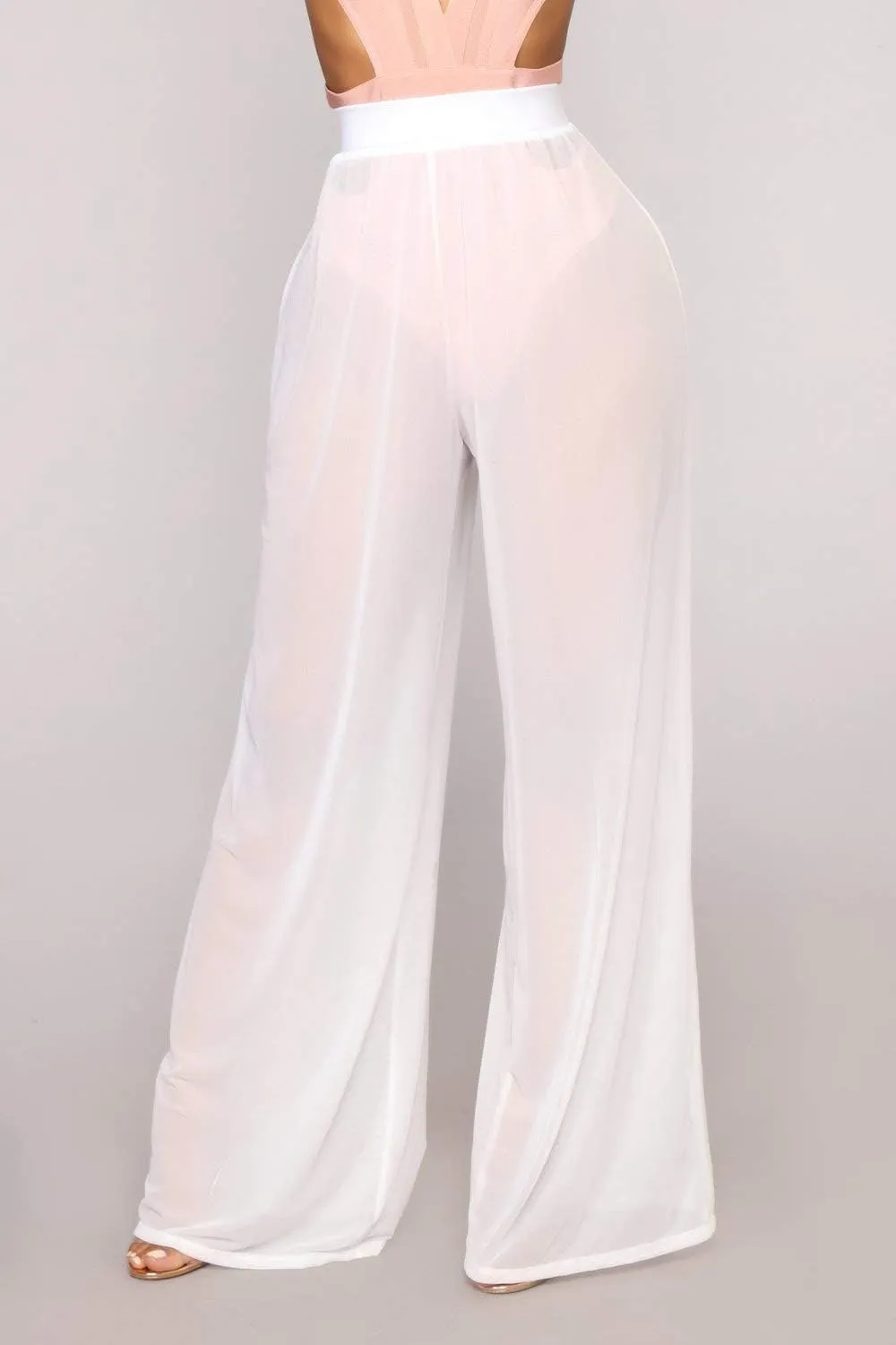 Springcmy Women Ruffle Sheer Mesh Pants See Through Bikini Bottom Swimsuit Cover up Wide Leg Beach Pants
