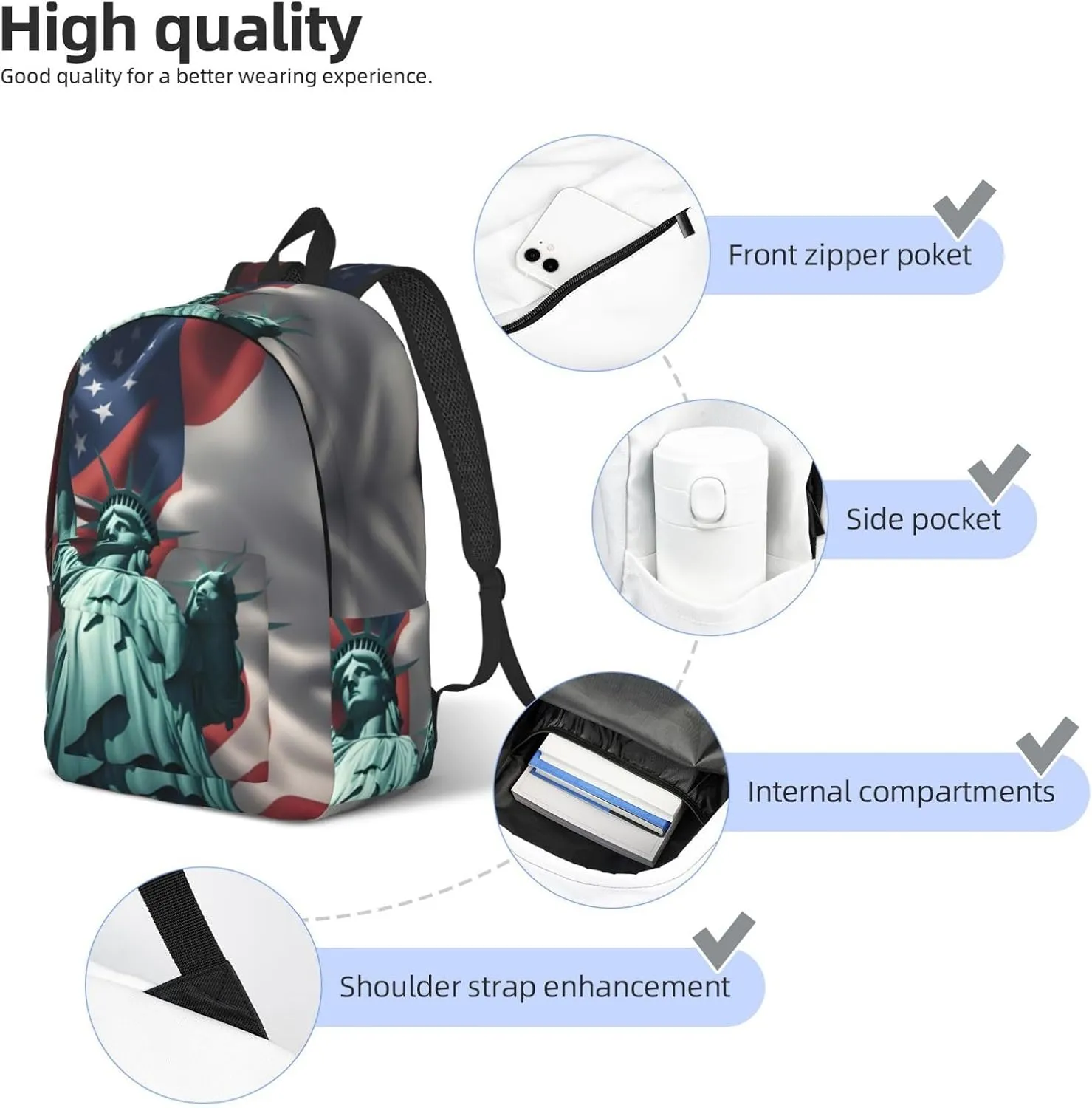 Statue of Liberty Flag print Hiking Backpack Casual Daypack Outdoor Travel Backpacks Bookbag for Men Women Adult