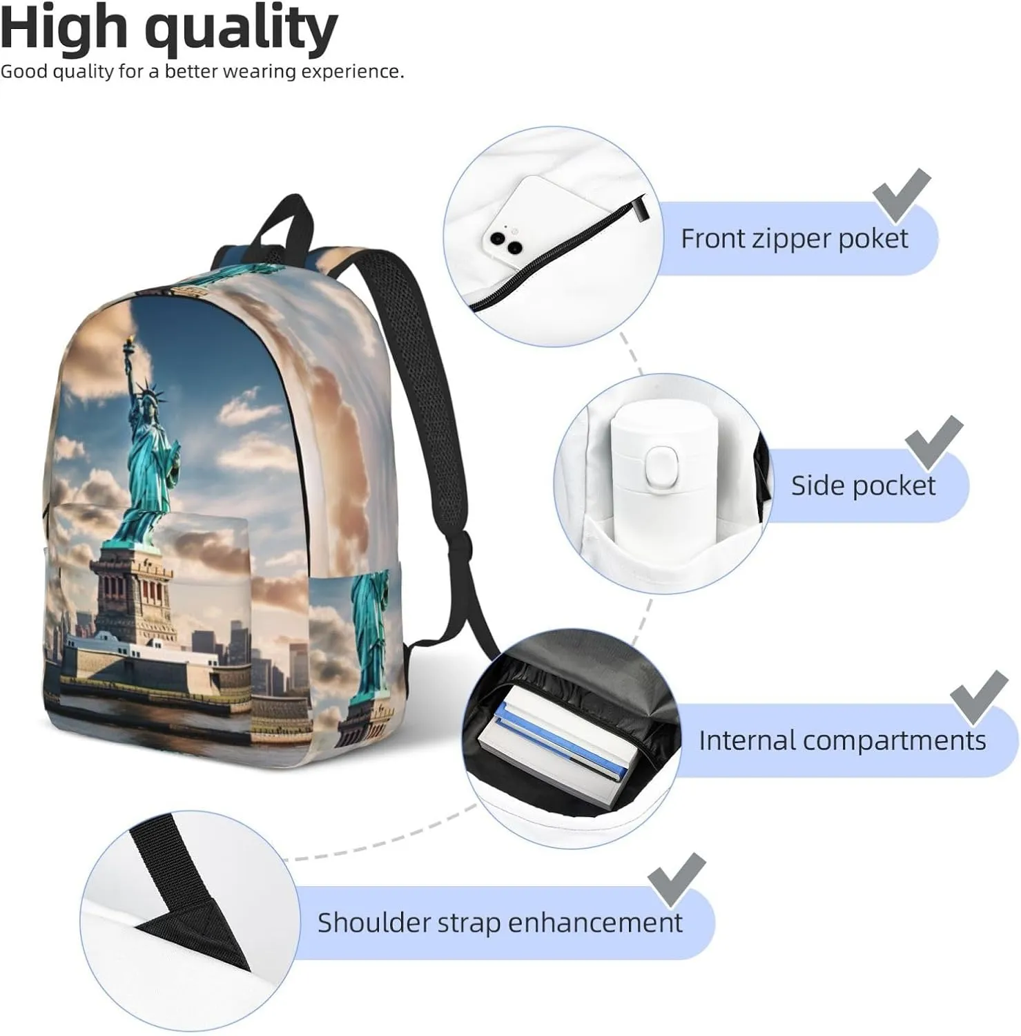 Statue of Liberty in NYC print Hiking Backpack Casual Daypack Outdoor Travel Backpacks Bookbag for Men Women Adult