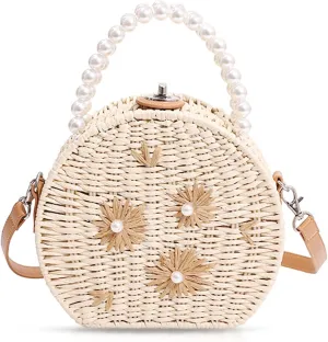 Straw Bag, Crossbody Bags for Women, Pearl Handbag Hard Box Handbags, Bohemian Handmade Woven Bag，Parties, Vacations Beach Bag(Beige)