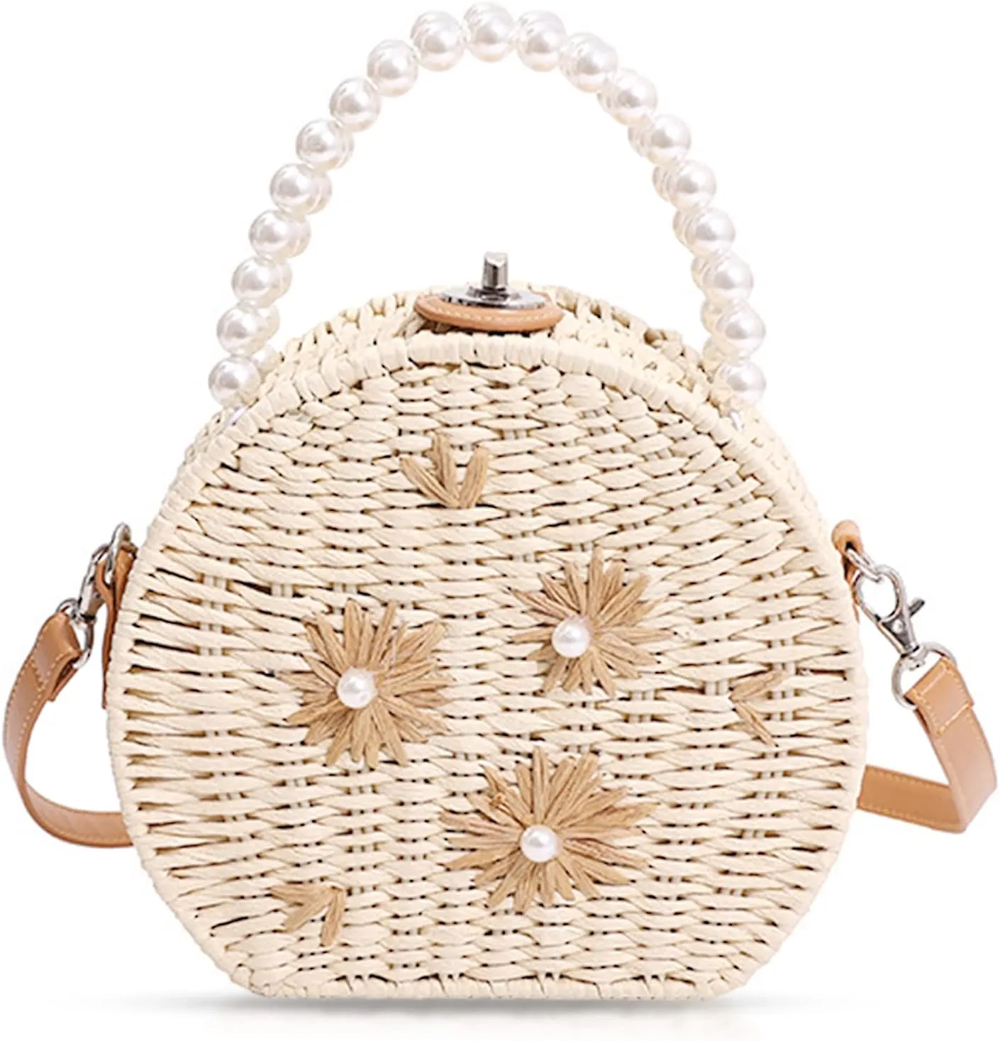 Straw Bag, Crossbody Bags for Women, Pearl Handbag Hard Box Handbags, Bohemian Handmade Woven Bag，Parties, Vacations Beach Bag(Beige)