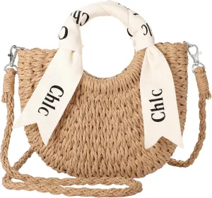 Straw Bag - Cute Straw Purse, Woven Bags for Women Vacation, Handbag or Crossbody Portable Straps Purse with Ribbon