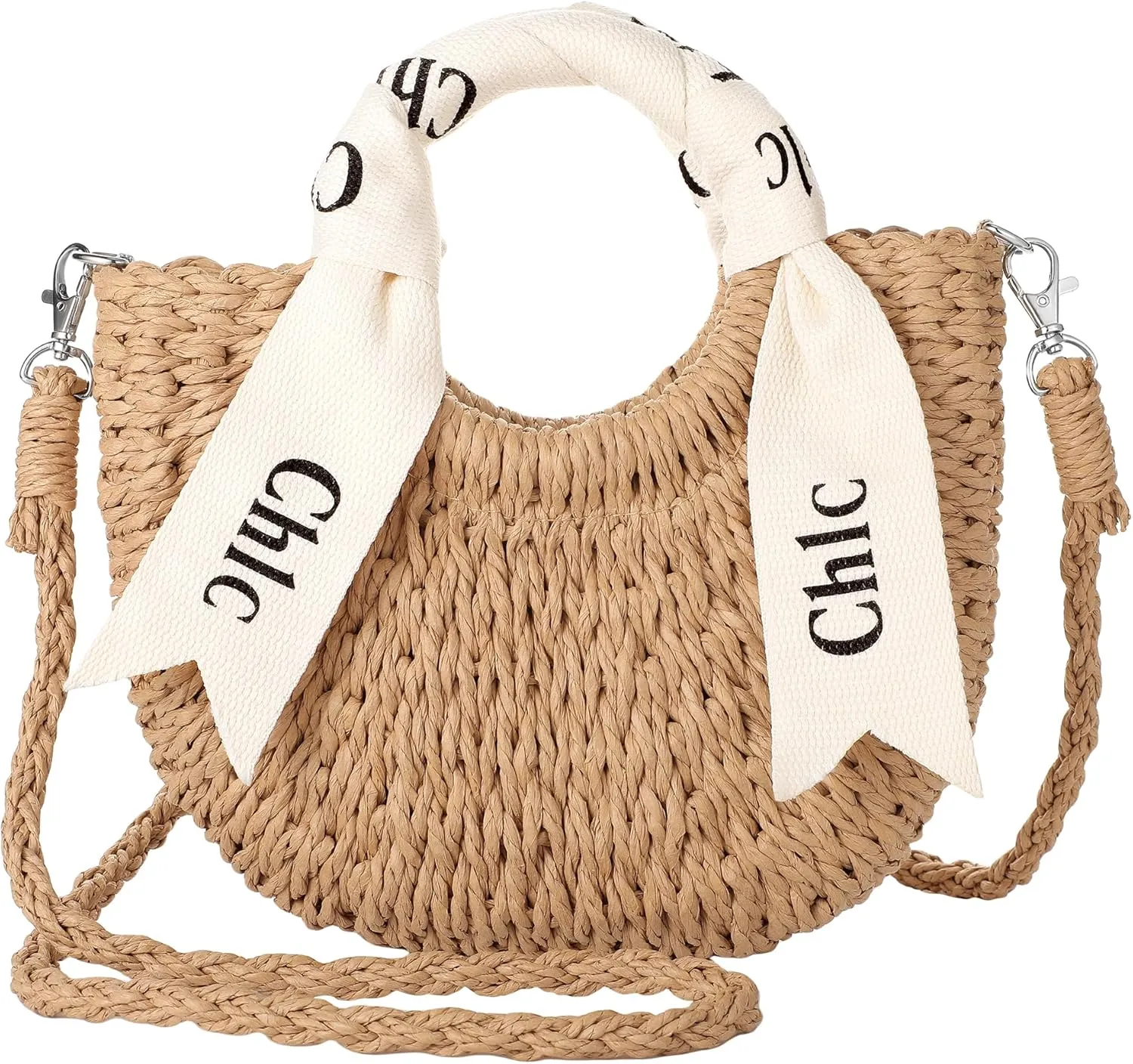 Straw Bag - Cute Straw Purse, Woven Bags for Women Vacation, Handbag or Crossbody Portable Straps Purse with Ribbon