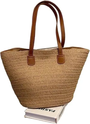 Straw Bag Women's Large Capacity Shoulder Bag Summer Straw Woven Basket Handbag Fashion Female Luxury Designer(Khaki)