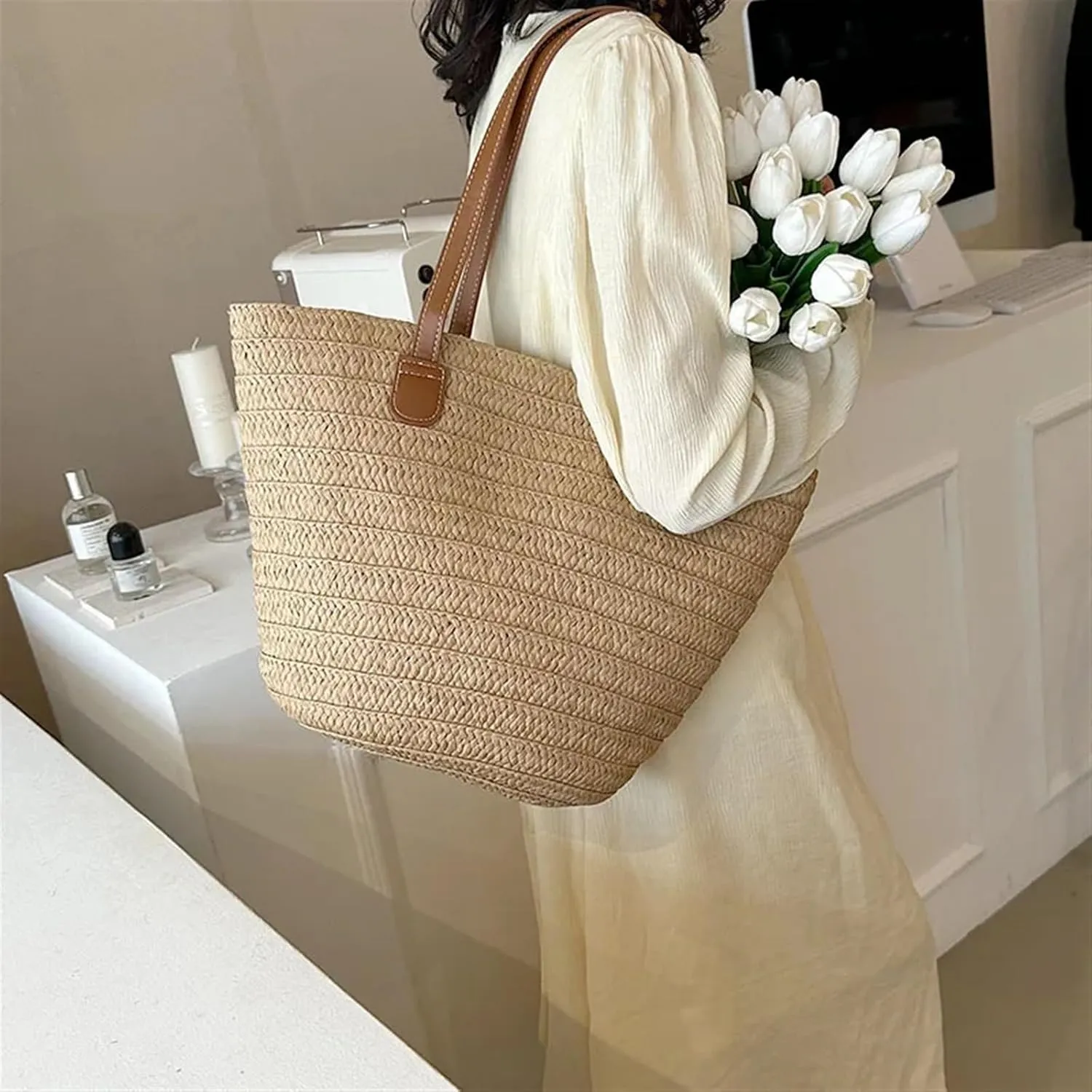 Straw Bag Women's Large Capacity Shoulder Bag Summer Straw Woven Basket Handbag Fashion Female Luxury Designer(Khaki)
