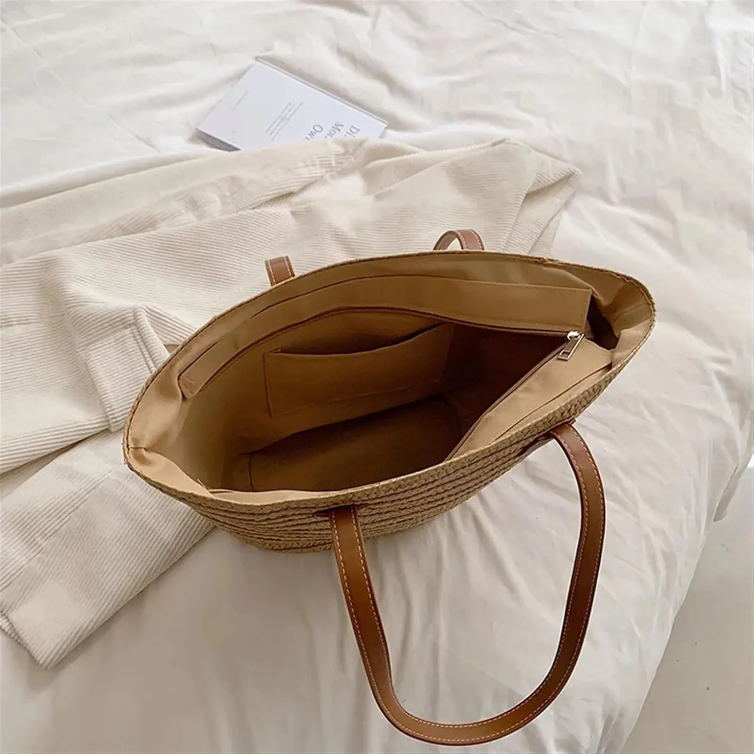Straw Bag Women's Large Capacity Shoulder Bag Summer Straw Woven Basket Handbag Fashion Female Luxury Designer(Khaki)