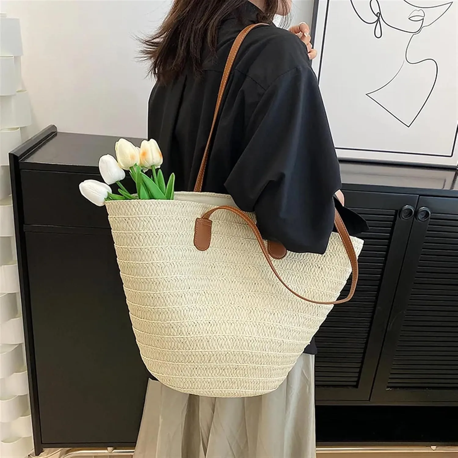 Straw Bag Women's Large Capacity Shoulder Bag Summer Straw Woven Basket Handbag Fashion Female Luxury Designer(Khaki)