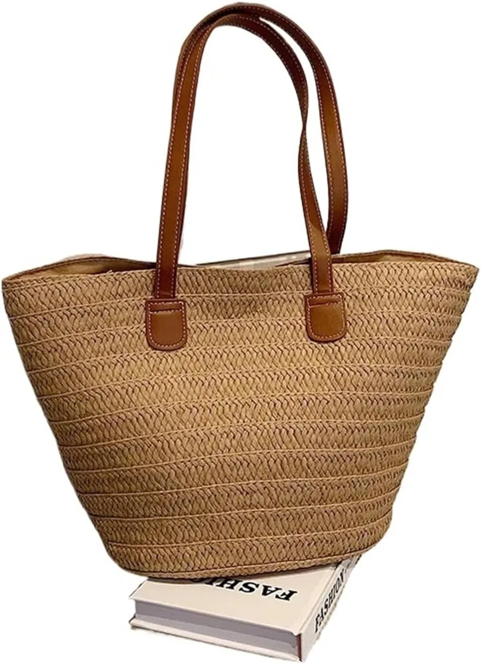 Straw Bag Women's Large Capacity Shoulder Bag Summer Straw Woven Basket Handbag Fashion Female Luxury Designer(Khaki)