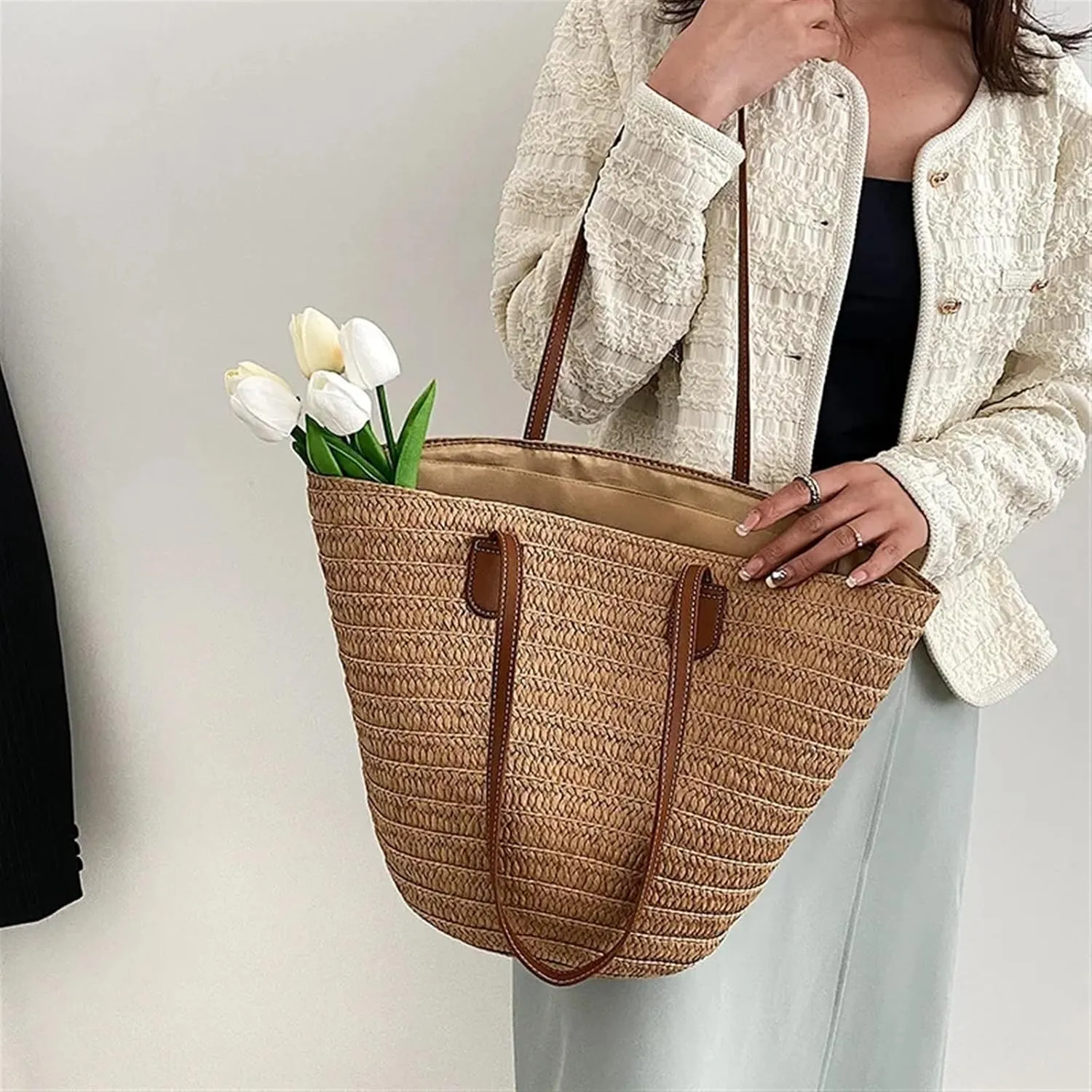 Straw Bag Women's Large Capacity Shoulder Bag Summer Straw Woven Basket Handbag Fashion Female Luxury Designer(Khaki)