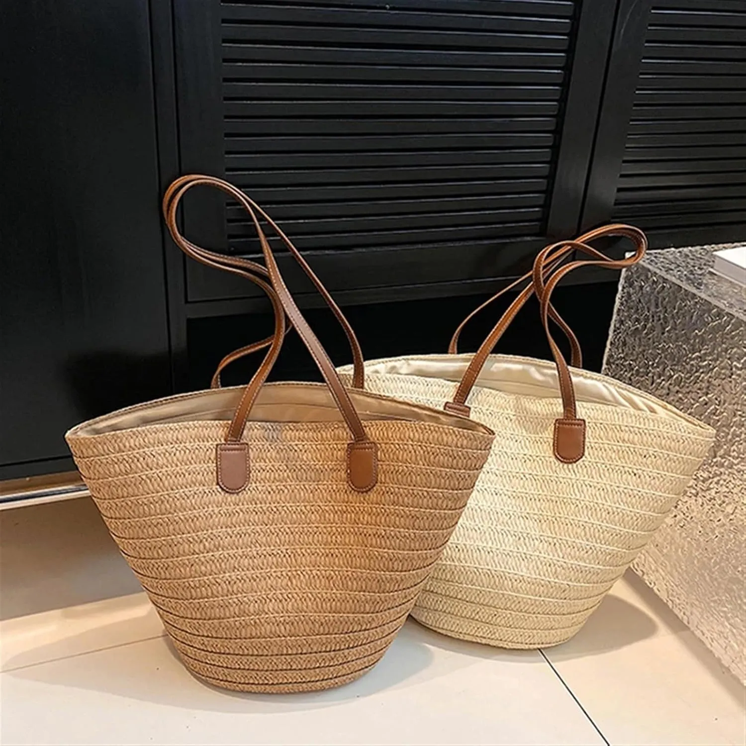 Straw Bag Women's Large Capacity Shoulder Bag Summer Straw Woven Basket Handbag Fashion Female Luxury Designer(Khaki)