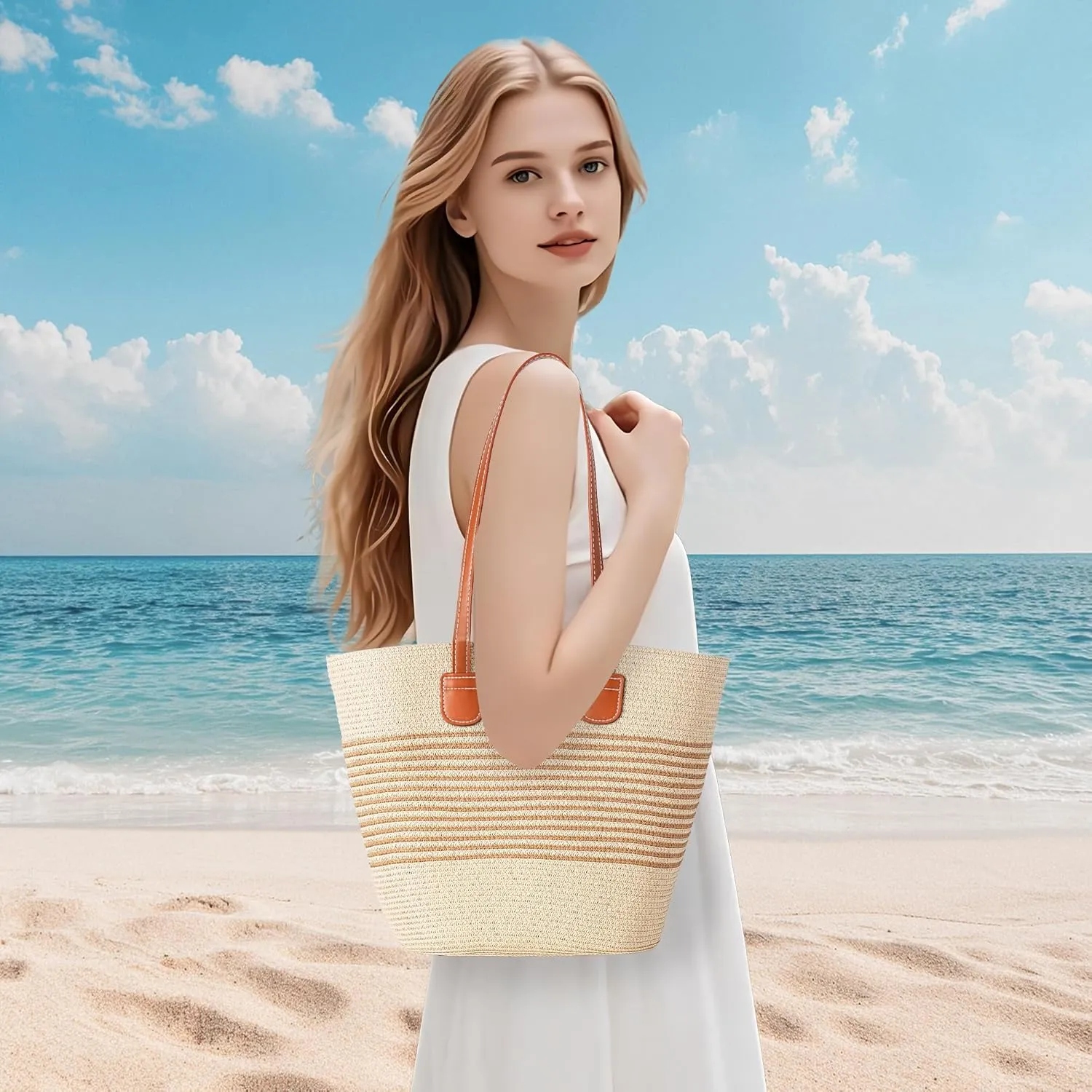 Straw Bags for Women, Straw Beach Bags for Women Beach Tote Bag Summer Woven Shoulder Handbags for Vacation Holiday