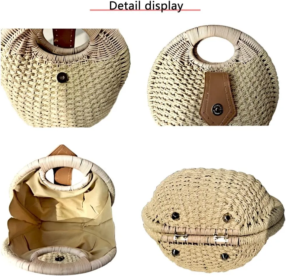 Straw Bags for Women,Hand-woven Straw Shell Bag Handle Ring Tote Retro Summer Beach Rattan bag.