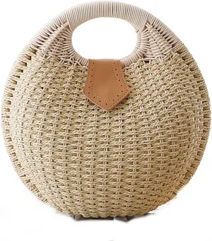 Straw Bags for Women,Hand-woven Straw Shell Bag Handle Ring Tote Retro Summer Beach Rattan bag.