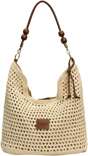 Straw Beach Bag Boho Woven Shoulder Handbag for Women Summer Beach Tote Purse Straw Hobo Bag Crossbody Purse Woven Satchel