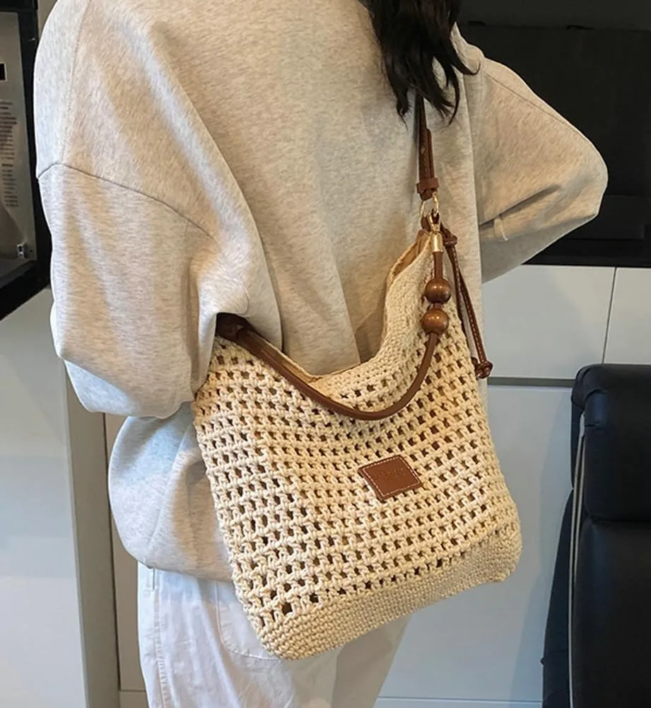 Straw Beach Bag Boho Woven Shoulder Handbag for Women Summer Beach Tote Purse Straw Hobo Bag Crossbody Purse Woven Satchel