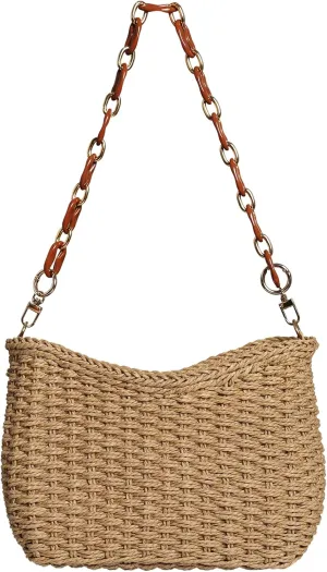 Straw Beach Bag for Women Shoulder Bags Woven Summer Travel Handmade Small Purse with Chain Brown