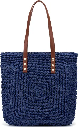 Straw Beach Bag Leather Tote Bag for Women Beach Purse Shoulder Woven Crochet Bag Purses for Women 2024 Clutch Purses Beach