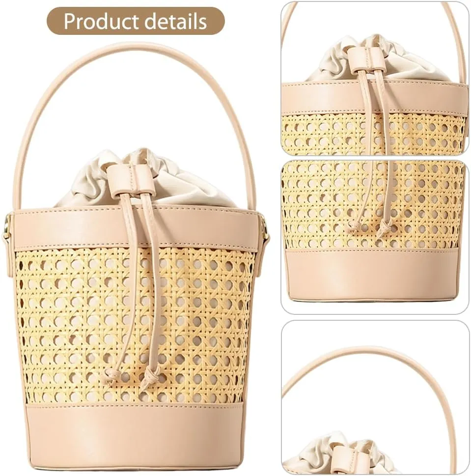 Straw Beach Bag PU Leather Summer Hollow Shoulder Bag Trendy Crossbody Bag Holiday Travel Handbag