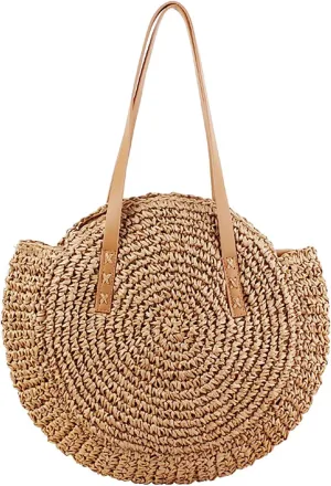 Straw Beach Bag with Zipper Large Woven Summer Boho Tote Handbag Rattan Wicker Purse for Shopping Summer Vacation