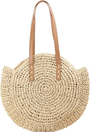 Straw Beach Bag with Zipper Large Woven Summer Boho Tote Handbag Rattan Wicker Purse for Shopping Summer Vacation