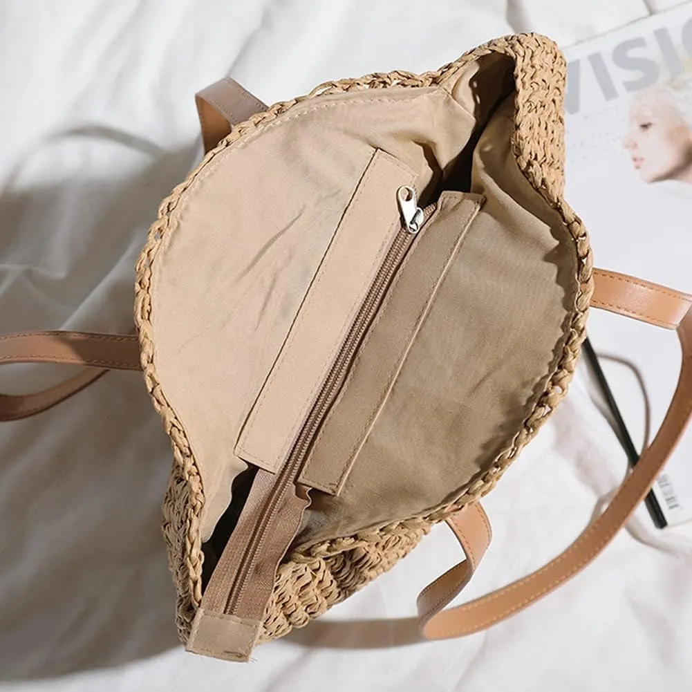 Straw Beach Bag with Zipper Large Woven Summer Boho Tote Handbag Rattan Wicker Purse for Shopping Summer Vacation