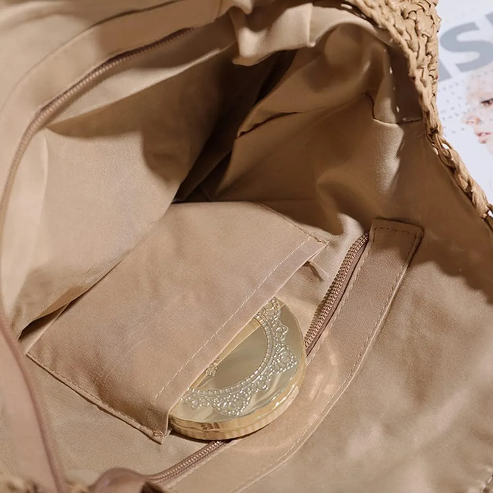 Straw Beach Bag with Zipper Large Woven Summer Boho Tote Handbag Rattan Wicker Purse for Shopping Summer Vacation