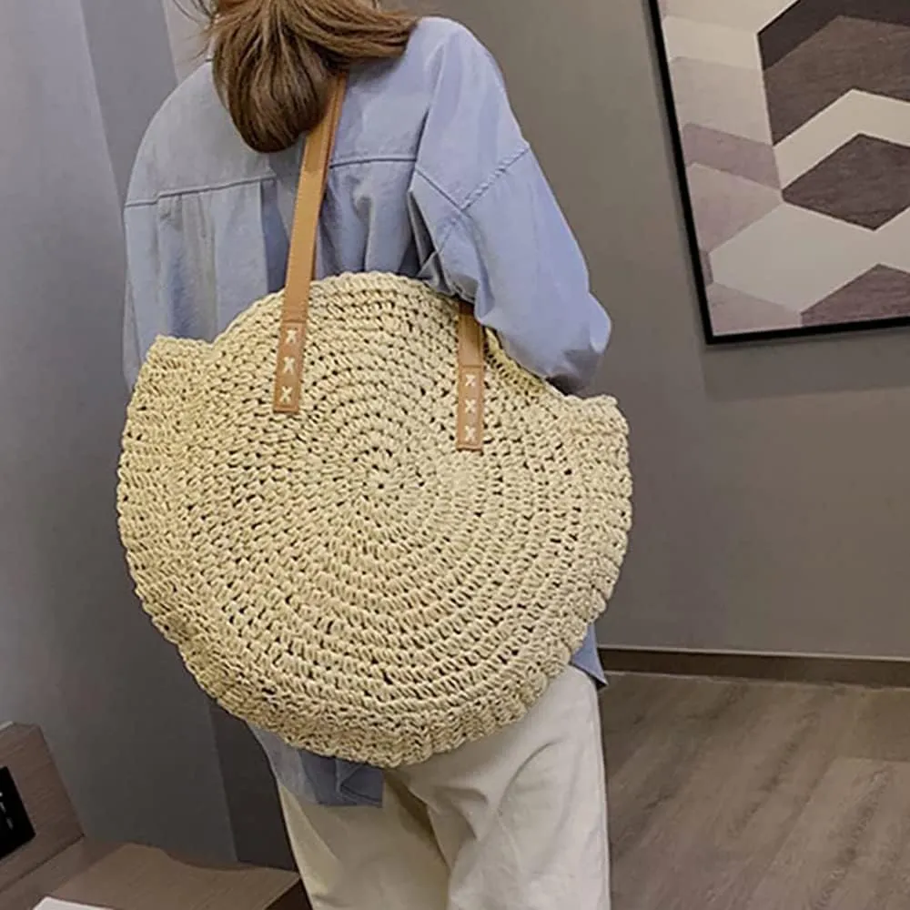 Straw Beach Bag with Zipper Large Woven Summer Boho Tote Handbag Rattan Wicker Purse for Shopping Summer Vacation