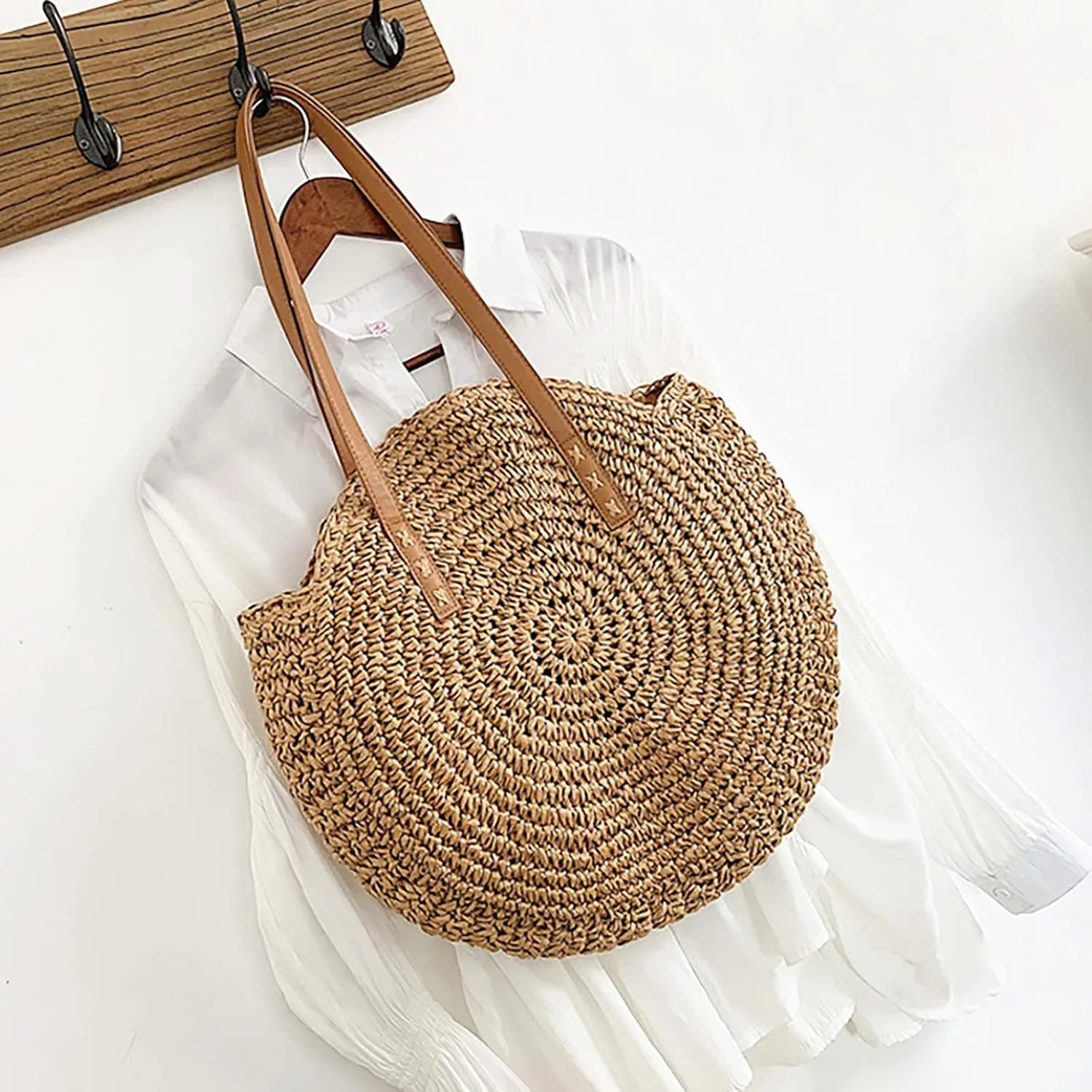 Straw Beach Bag with Zipper Large Woven Summer Boho Tote Handbag Rattan Wicker Purse for Shopping Summer Vacation