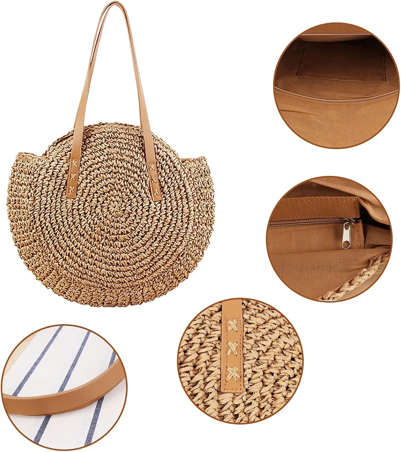 Straw Beach Bag with Zipper Large Woven Summer Boho Tote Handbag Rattan Wicker Purse for Shopping Summer Vacation