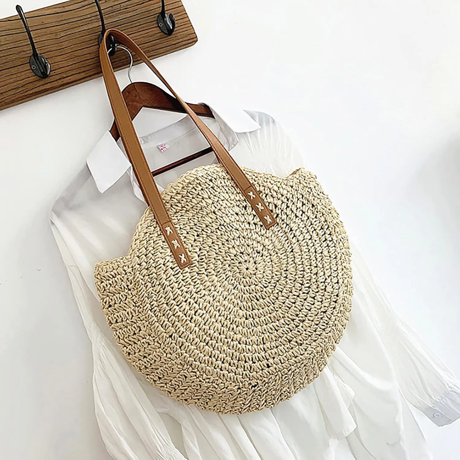 Straw Beach Bag with Zipper Large Woven Summer Boho Tote Handbag Rattan Wicker Purse for Shopping Summer Vacation