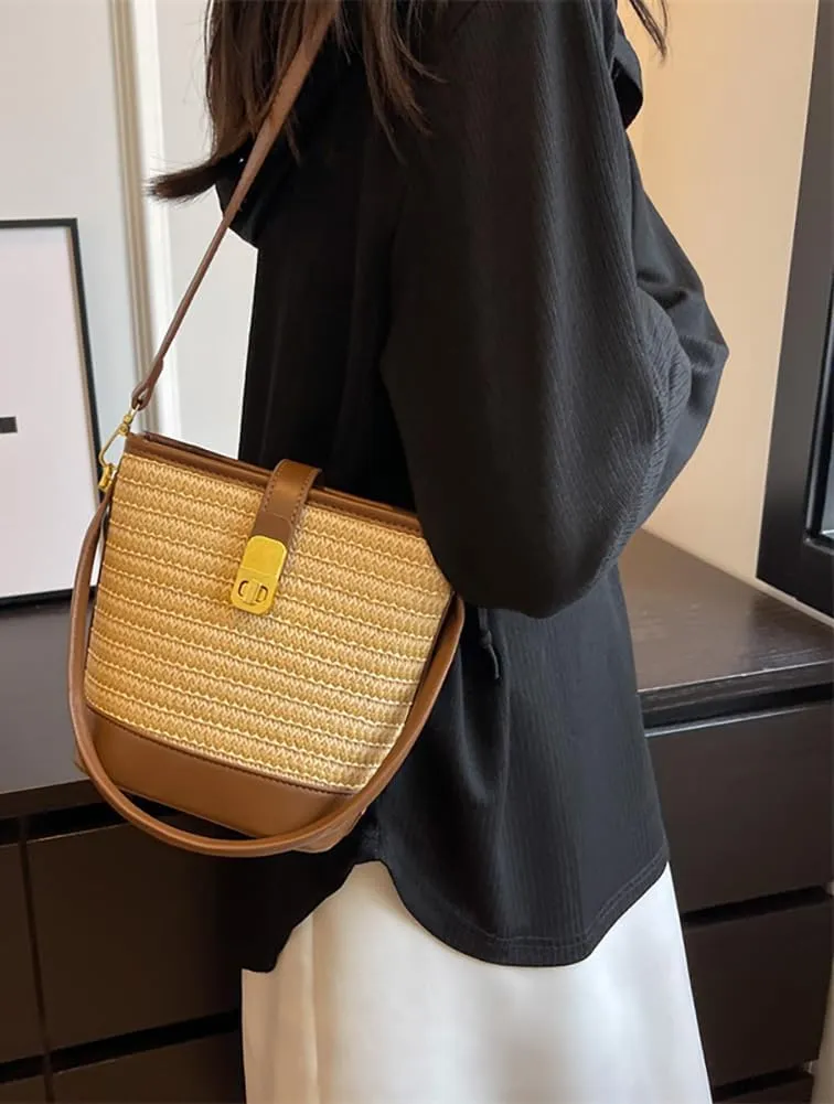 Straw Beach Bags For Women Rattan Purse Summer Straw Cross-body Bag Raffia Handbag Purses Shoulder Bag Small Bucket Bag 2024