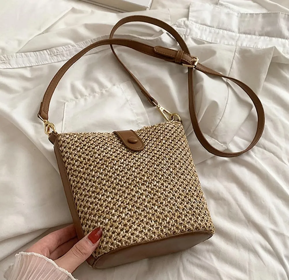 Straw Beach Bags For Women Rattan Purse Summer Straw Cross-body Bag Raffia Handbag Purses Shoulder Bag Small Bucket Bag 2025