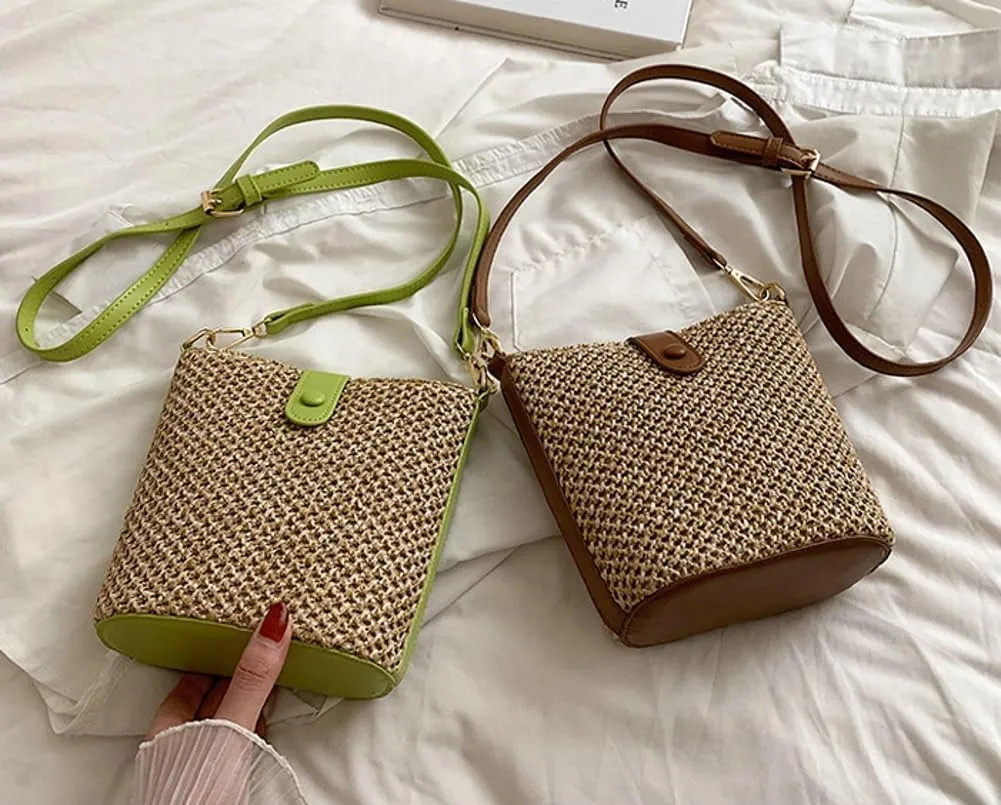 Straw Beach Bags For Women Rattan Purse Summer Straw Cross-body Bag Raffia Handbag Purses Shoulder Bag Small Bucket Bag 2025