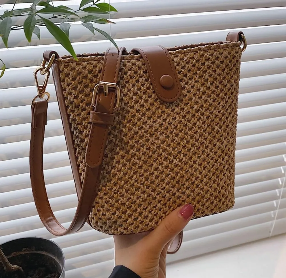 Straw Beach Bags For Women Rattan Purse Summer Straw Cross-body Bag Raffia Handbag Purses Shoulder Bag Small Bucket Bag 2025