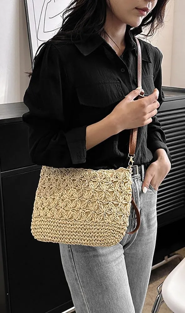 Straw Beach Bags For Women Rattan Purses Summer Straw Handwoven Bag Raffia Handbag Shoulder Bag Cross-body Square Bag