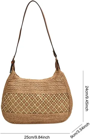 Straw Beach Bags for Women Straw Shoulder Bag Summer Purse Vacation Handbags Woven Rattan Crescent Shoulder Bags