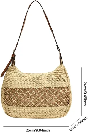 Straw Beach Bags for Women Straw Shoulder Bag Summer Purse Vacation Handbags Woven Rattan Crescent Shoulder Bags