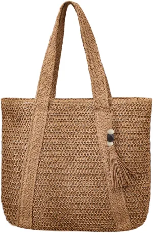 Straw Beach Bags for Women Summer Woven Tote Bag Shoulder Handbag Boho Straw Purse 2024 Large Beach Bag with Tassels for Vacation Brown